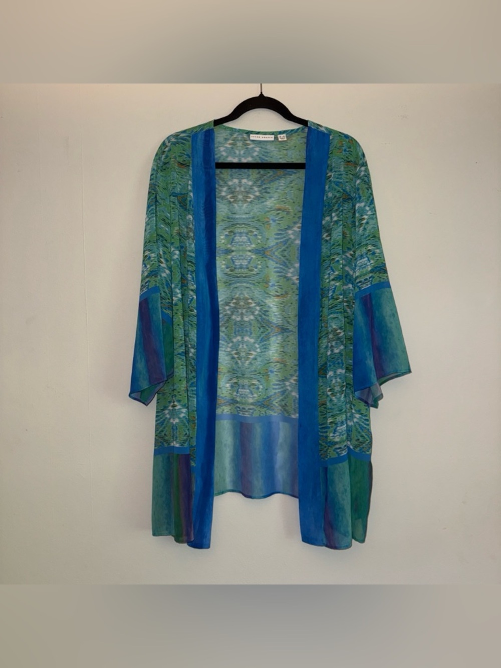 SUSAN GRAVER women’s Blue and green patterned kimono cardigan plus size 3X ✨
